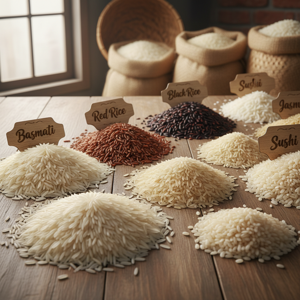 Various types of rice grains including basmati and brown rice available at KiranaMart grocery store